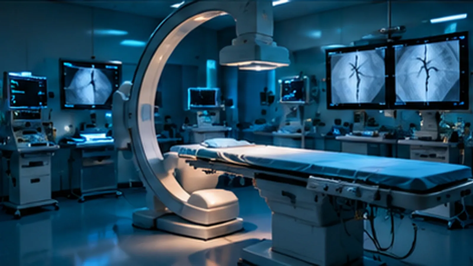 An empty cardiac catheterization lab with its curved X-ray arm and angiogram monitors