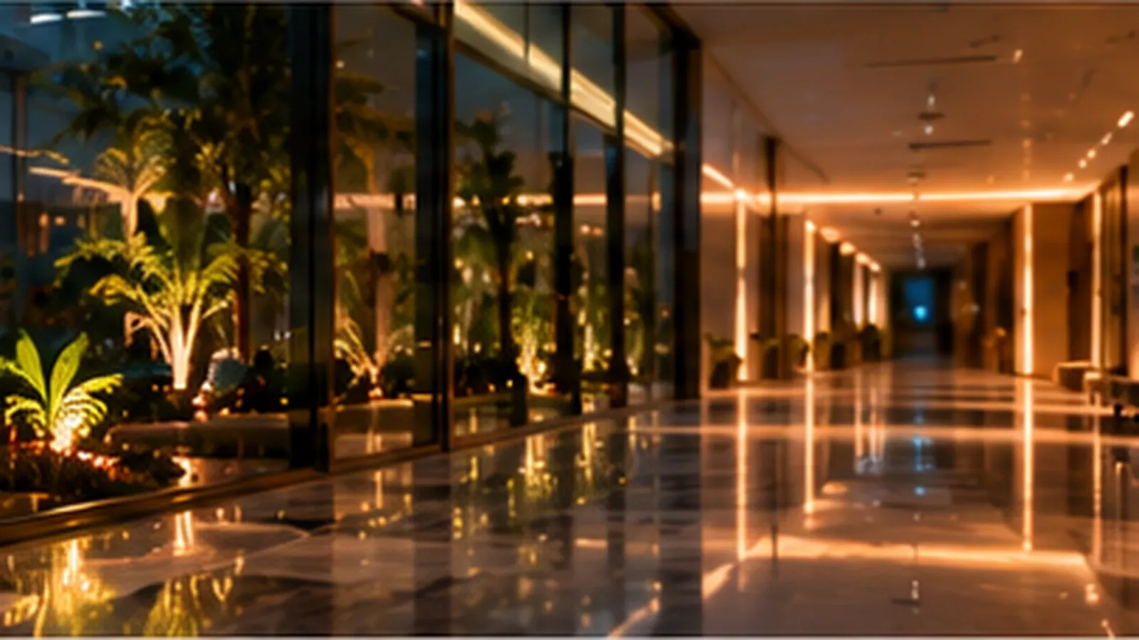 A quiet hospital corridor at night beside a glass-walled tropical courtyard