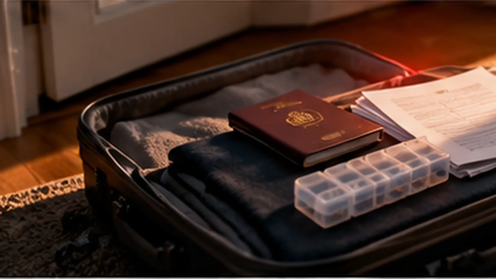An open carry-on suitcase holding a passport, papers and a weekly pill organizer