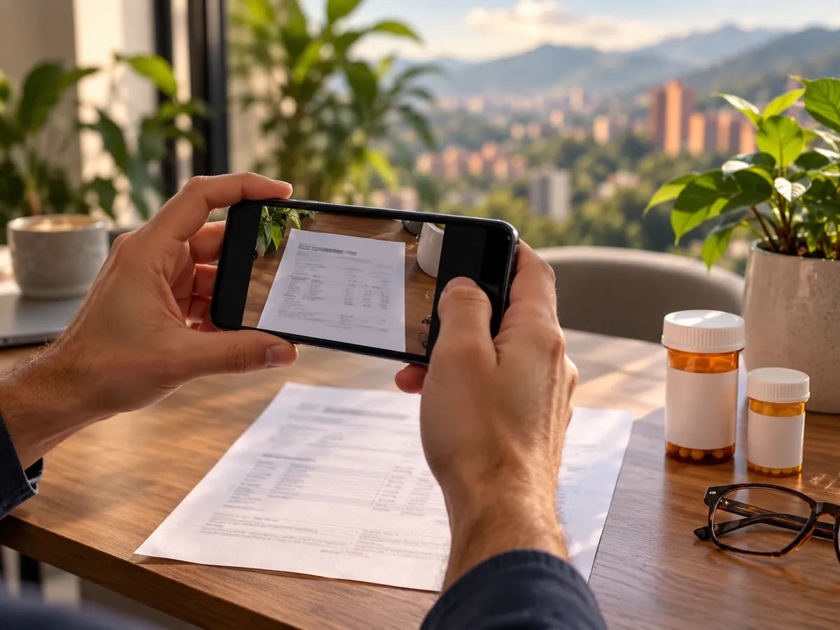Hands photographing a printed medical report with a phone, next to pill bottles and reading glasses